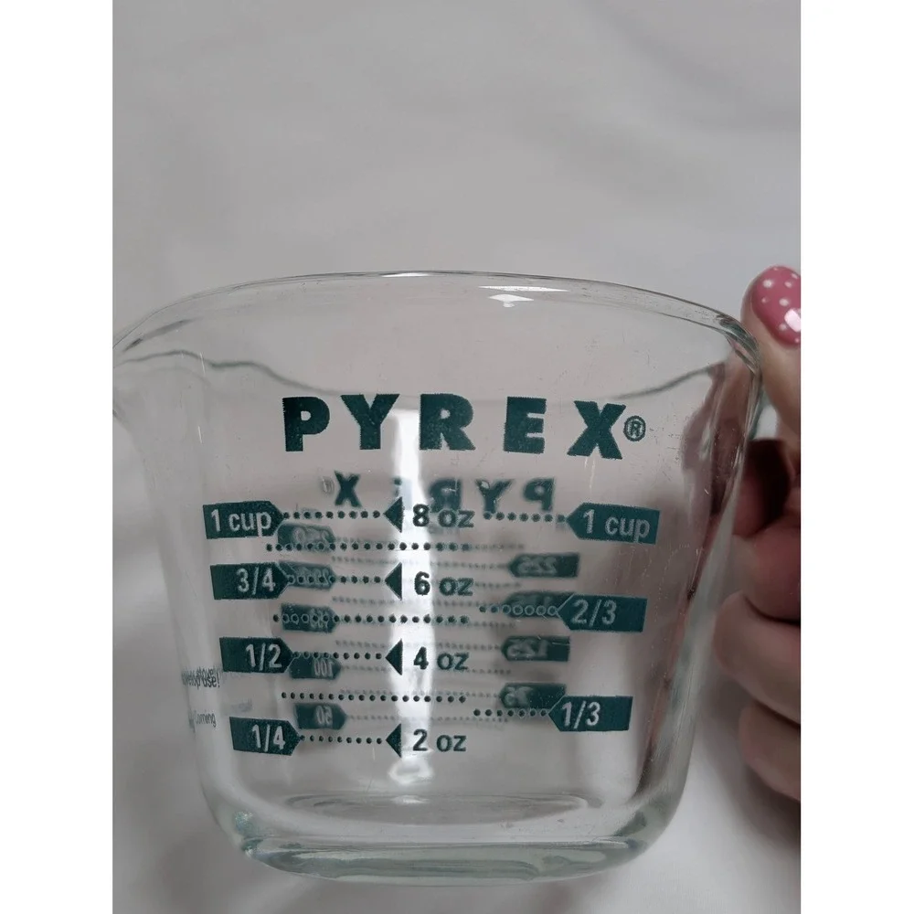 VTG Pyrex 1 Cup 8oz 250ml Glass Measuring Cup Green/Blue Lettering USA Corning